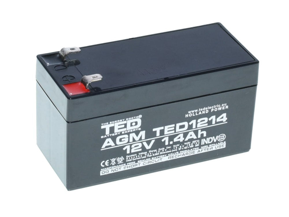 Acumulator AGM compact 12V 1.4Ah, vedere laterala stanga cu terminali metalici vizibili