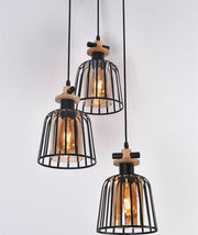 Lustra industriala 3 pendule colivie metalica neagra cu sticla amber si accente lemn, soclu E27, max 60W