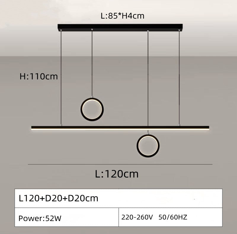 Lustra LED suspendata 52W, bara liniara 120cm si doua inele, design modern, dimensiuni complete