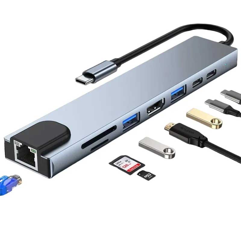 Hub Adaptor Multiport 8 in 1, ElectroAZ, USB-C la HDMI 4K / LAN RJ45 Ethernet / Type C Port / USB 3.0 / Power Delivery Port 87W / TF si SD Card Reader