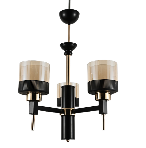 Lustra suspendata 3 brate E27, structura metalica negru-auriu cu abajururi cilindrice din sticla fumurie amber, design modern