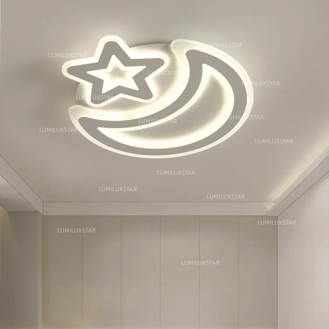 Plafoniera LED 78W forma luna si stea, 3500 lumeni, lumina calda/neutra/rece reglabila, montaj tavan, design decorativ alb