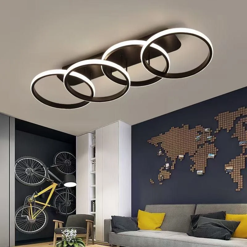 Lustra LED tavan 4 inele negre, 104W, 5000lm, lumina reglabila calda-neutra-rece, montaj aplicat living modern