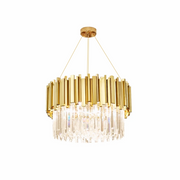 Candelabru cristal auriu circular 7xE14 40W, structura metal lucios si cristale transparente, diametru 500mm, montaj suspendat