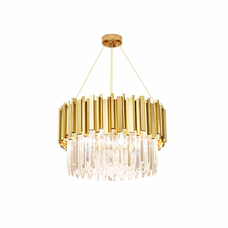 Candelabru cristal auriu circular 7xE14 40W, structura metal lucios si cristale transparente, diametru 500mm, montaj suspendat