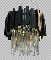 Candelabru cristal suspendat negru mat, 3xE14 40W, diametru 30cm, lamele metalice si pandantive cristal slefuit
