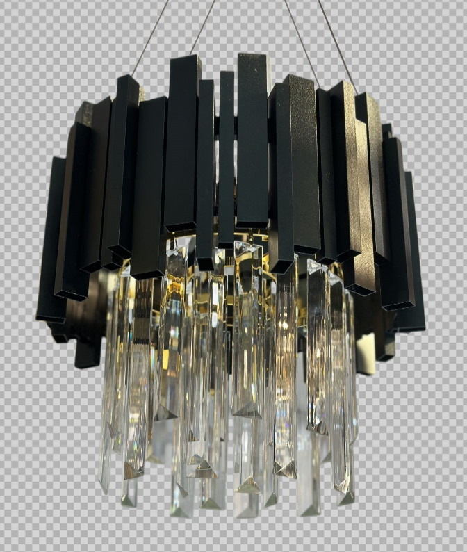 Candelabru cristal suspendat negru mat, 3xE14 40W, diametru 30cm, lamele metalice si pandantive cristal slefuit