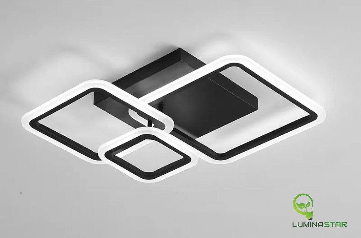 Lustra LED de plafon 88W, 4500lm, 3 cadre patrate negre cu difuzor acrilic, lumina reglabila 3000K-6500K