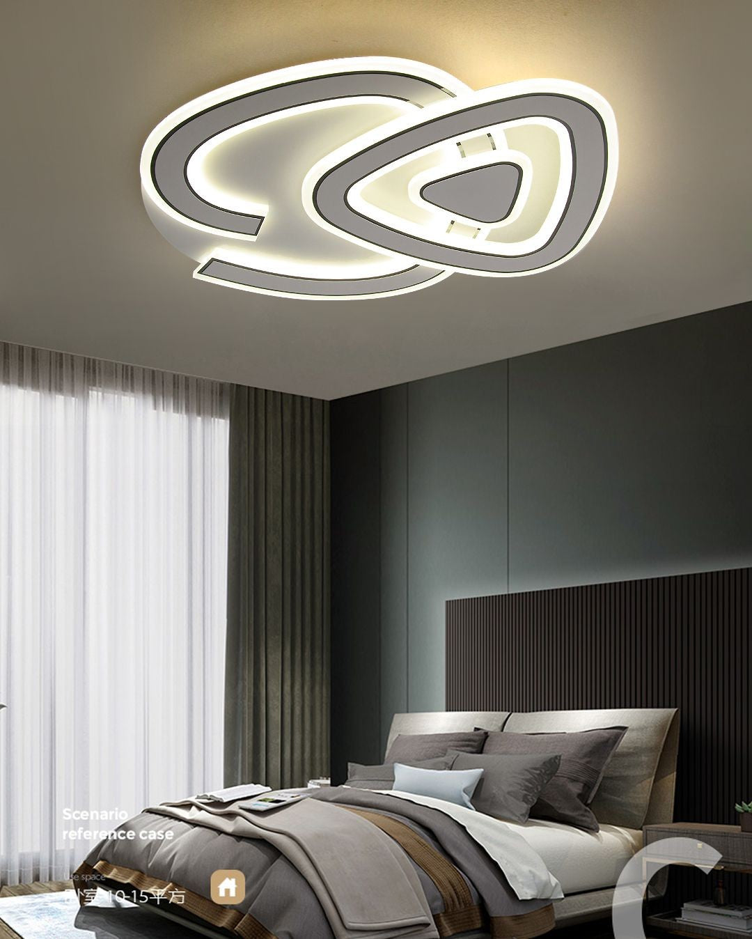 Lustra LED cu forma sculptata aplicata pe tavan in dormitor modern, iluminare calda uniforma