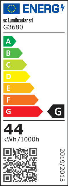 Eticheta energetica clasa G, consum 44 kWh/1000h, lustra LED ring