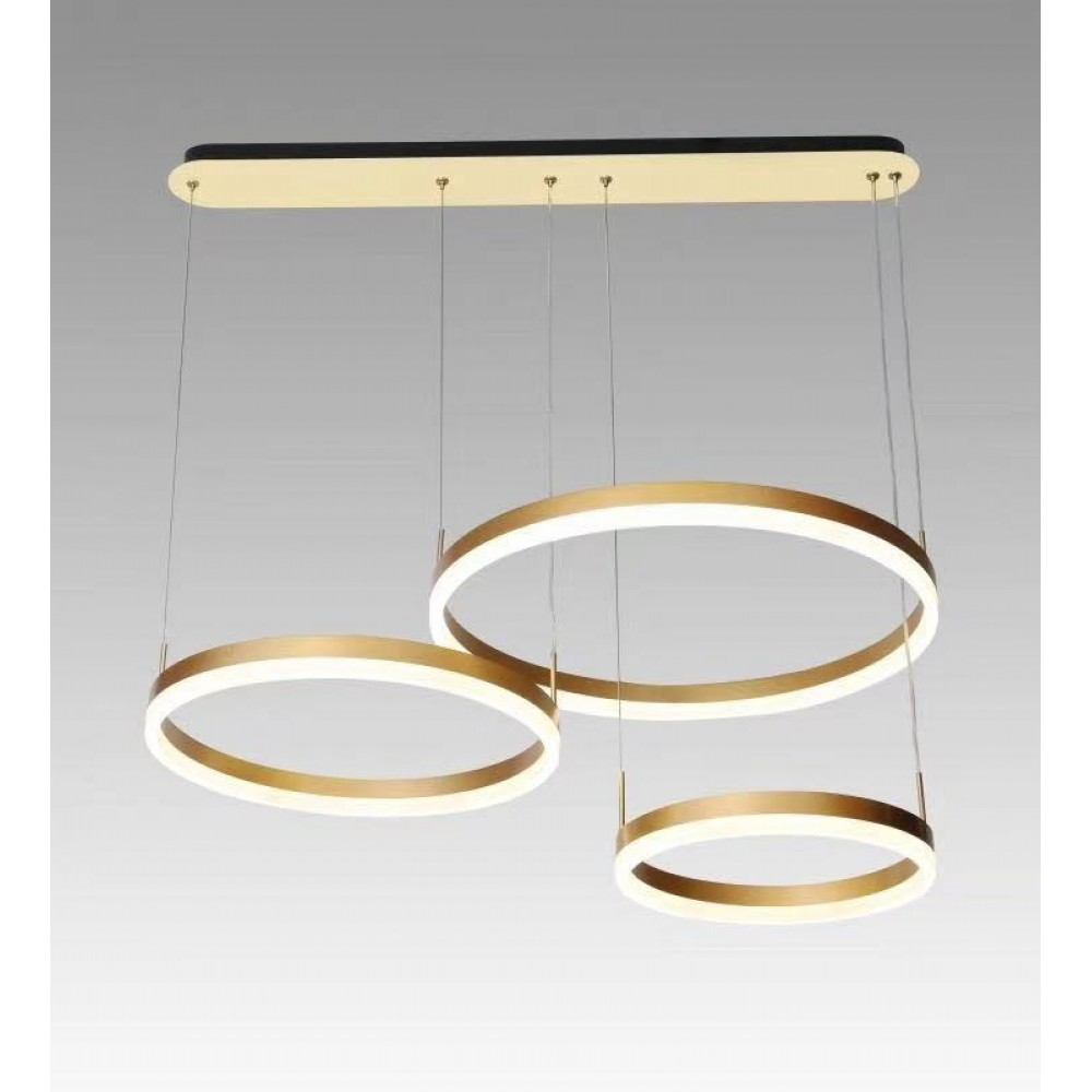 Lustra LED suspendata cu 3 inele aurii la inaltimi diferite, 160W, 8000 lumeni, lumina reglabila