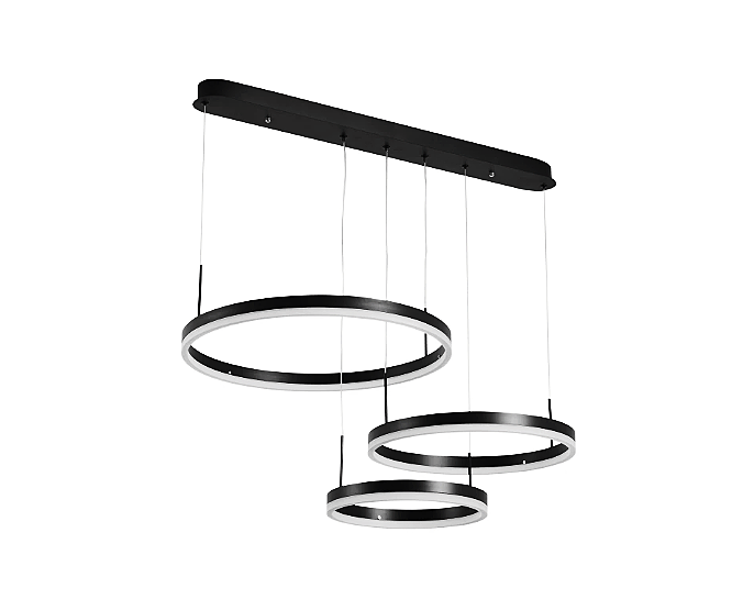 Lustra LED 160W suspendata cu 3 inele negre la inaltimi diferite, 8000 lumeni, design modern