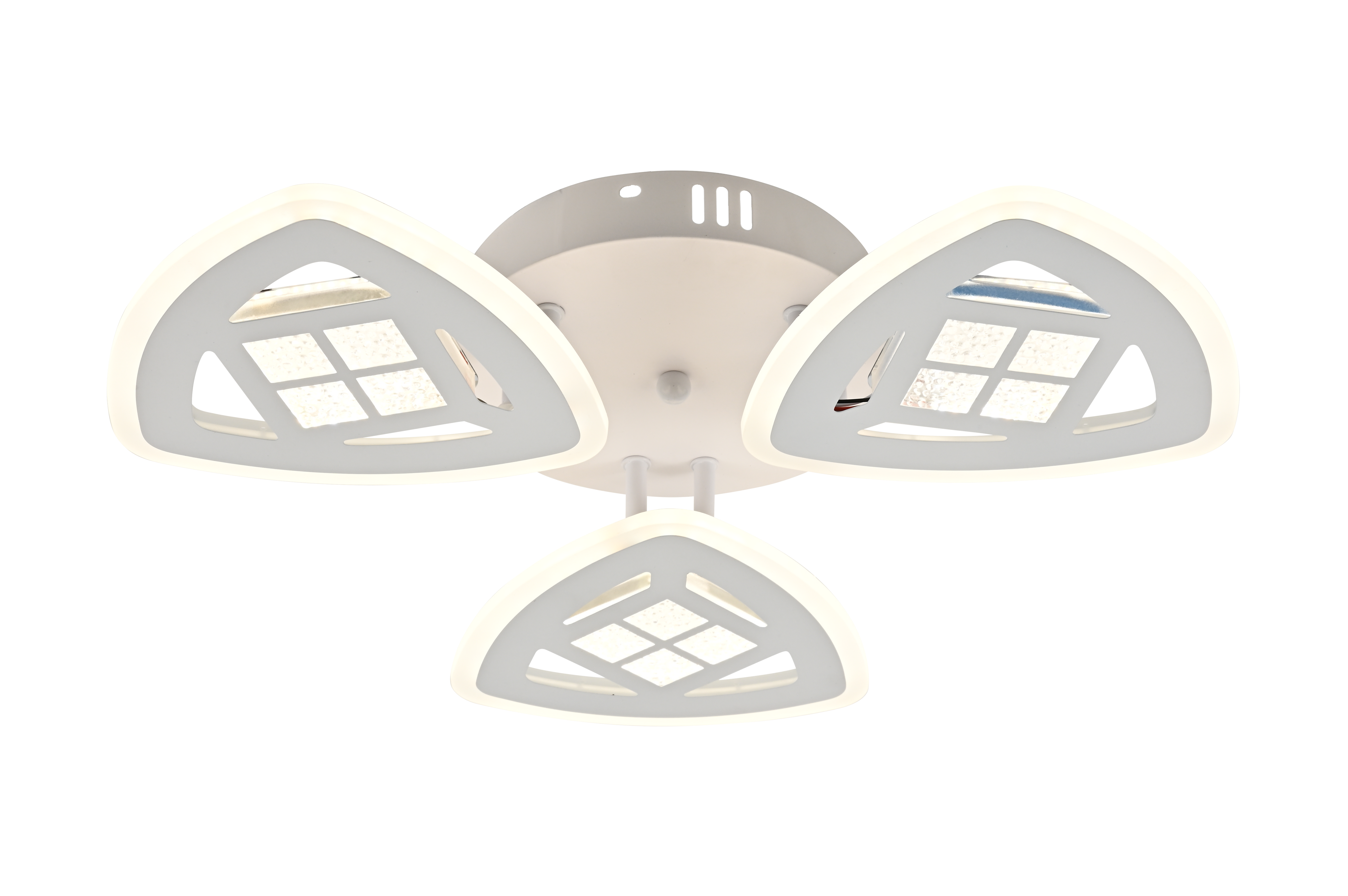 Lustra LED plafon cu 3 brate triunghiulare, finisaj alb mat, design geometric, fond alb