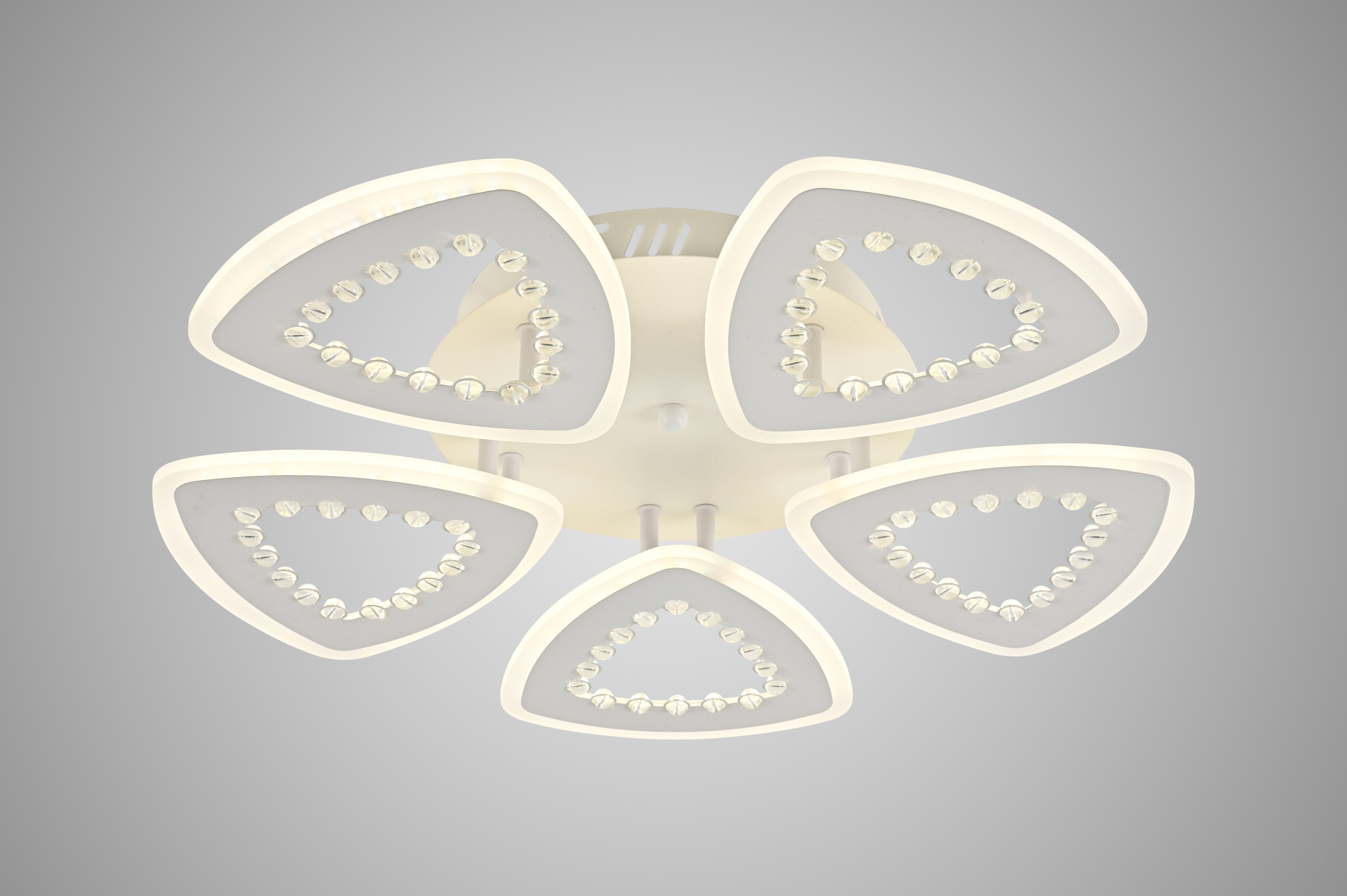 Plafoniera LED cu 5 petale tip floare si cristale decorative, vedere de jos pe fond gri