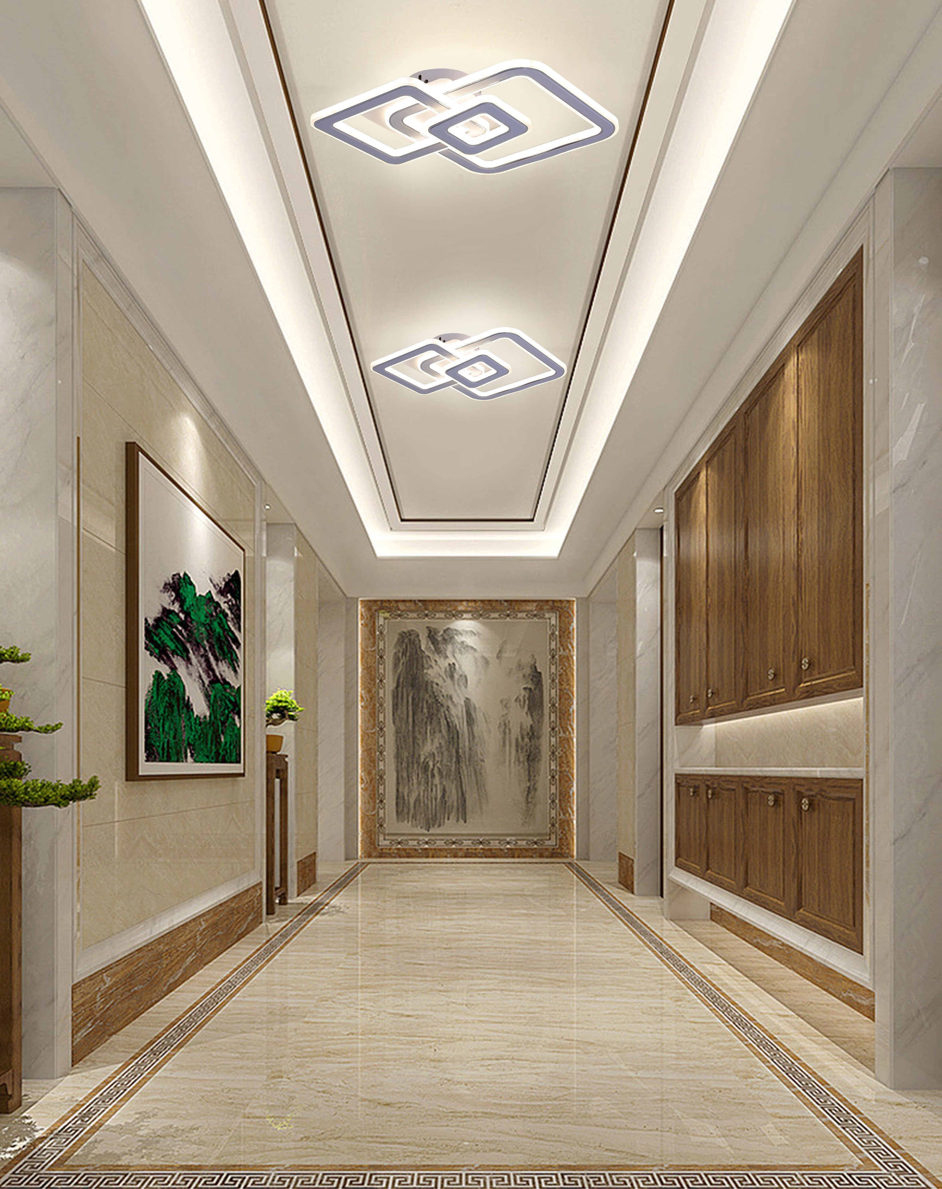 Lustra LED cu design geometric, montata pe tavan in hol modern, iluminat uniform si estetic