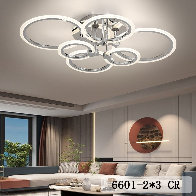 Lustra LED 6 inele crom montata pe tavan in living modern, iluminare uniforma 160W