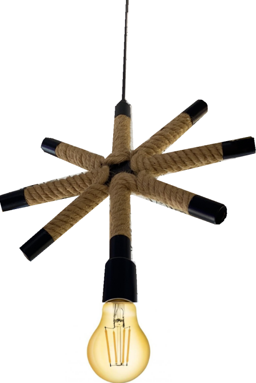 Lustra rustica cu sfoara naturala, forma stea 8 brate, soclu E27, max 60W, cablu textil negru, uz interior