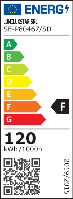 eticheta energetica clasa F, consum 120 kWh/1000h, lustra LED 120W
