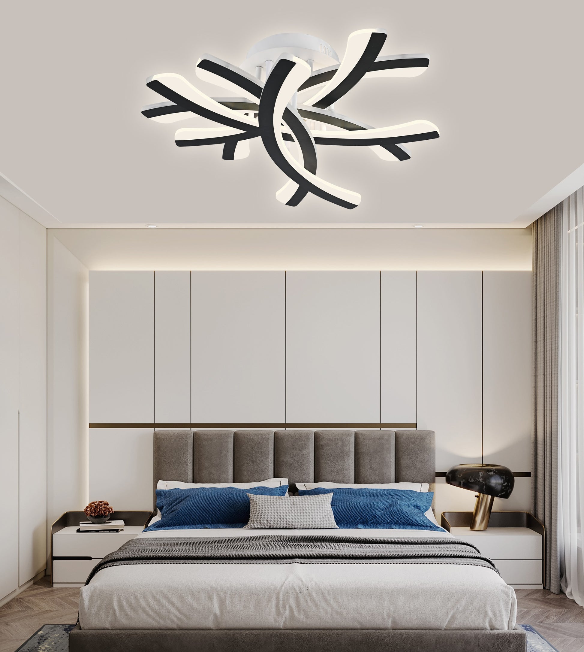 Plafoniera LED 120W design ramificat negru-alb, montaj aplicat tavan, lumina reglabila, dormitor modern