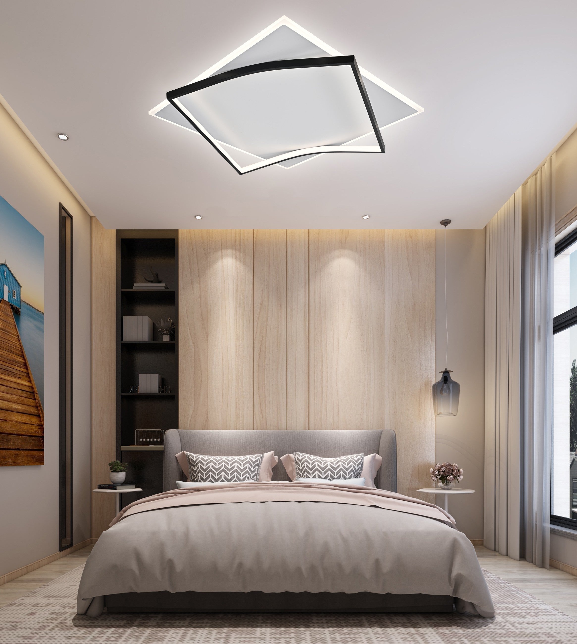 Plafoniera LED 142W dublu-patrat suprapus, rama neagra mata, 7000lm, montaj tavan, intr-un dormitor modern