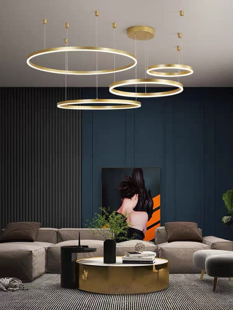 Lustra LED inel auriu 4 cercuri 204W, lumina calda/neutra/rece reglabila, suspendata in living modern