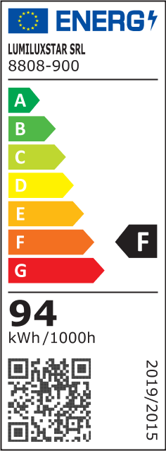 Eticheta energetica clasa F, consum 94 kWh/1000h, lustra LED liniara
