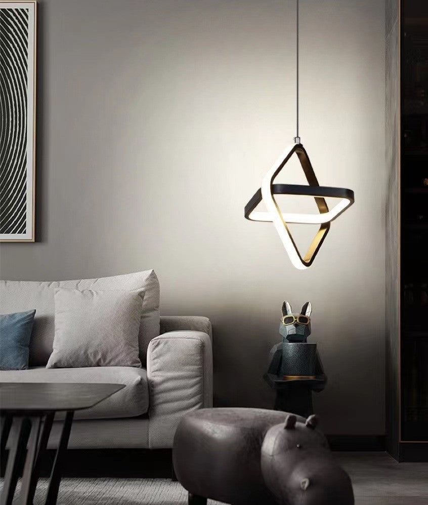Lustra LED suspendata 26W forma dublu-triunghiulara negru mat, lumina calda 3000K, montaj pe cablu reglabil, interior living