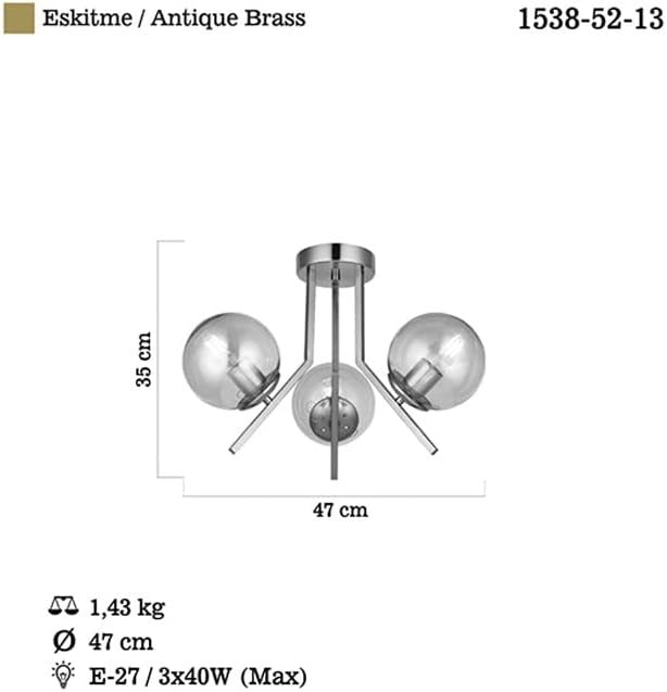 Plafoniera semitavan 3 globuri sticla fumata, E27 3x40W max, diametru 47 cm, structura metalica