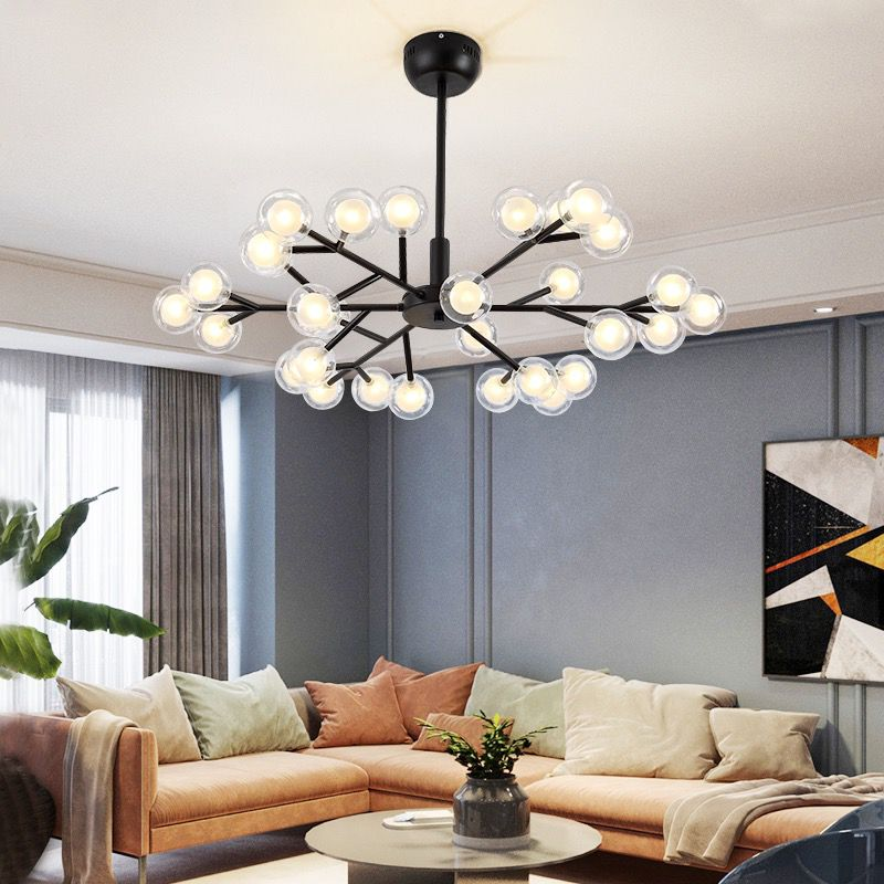 Lustra LED moleculara neagra 25 globuri acril G4 2W, design ramificat, diametru 730mm, lumina neutra, montaj tavan living