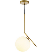 Lustra suspendata glob sticla mata alba, brat unghiular auriu, soclu E27 max 40W, diametru glob 15cm