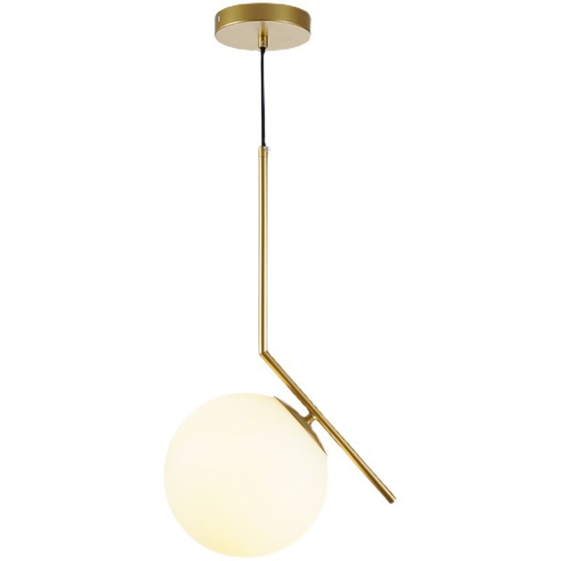 Lustra suspendata glob sticla mata alba, brat unghiular auriu, soclu E27 max 40W, diametru glob 15cm