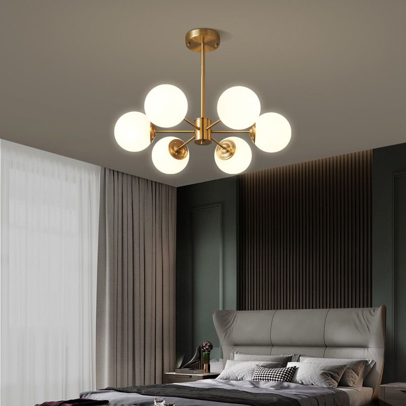 Lustra sputnik 6 globuri acril mat, structura metalica aurie, montura tavan, max 25W, soclu E27, diametru 490mm