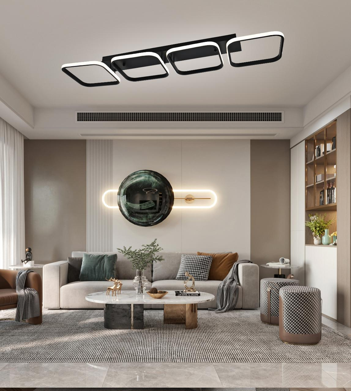 Plafoniera LED 4 patrate negru in living spatios, temperatura culoare reglabila prin telecomanda WiFi