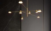 Lustra LED 100W 5000lm dimabila, structura metalica aurie cu brate asimetrice si abajururi cilindrice, telecomanda WiFi 2.4G