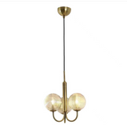 Lustra suspendata 3 globuri sticla striata, structura metalica aurie, soclu E27, max 3x60W, design retro-modern