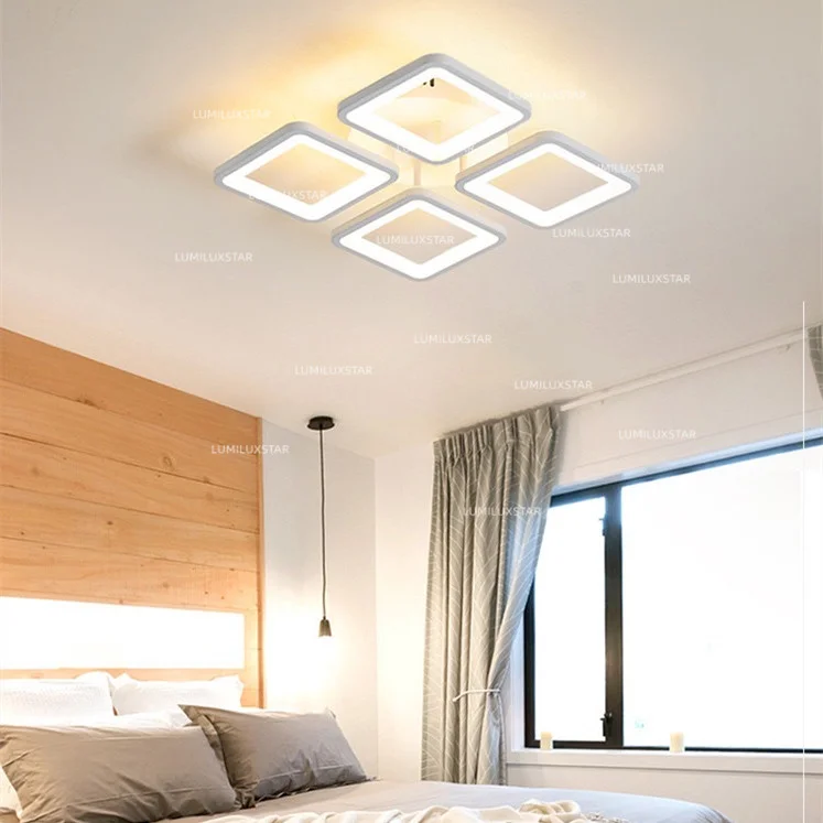 Lustra LED 88W cu 4 module patrate, lumina reglabila 3000K-6500K, montaj tavan, telecomanda WiFi, dormitor modern