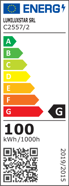 Eticheta energetica clasa G, consum 100 kWh/1000h, lustra LED suspendata cu 2 inele