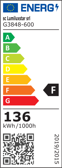 Eticheta energetica clasa F, 136 kWh/1000h, lustra LED inel