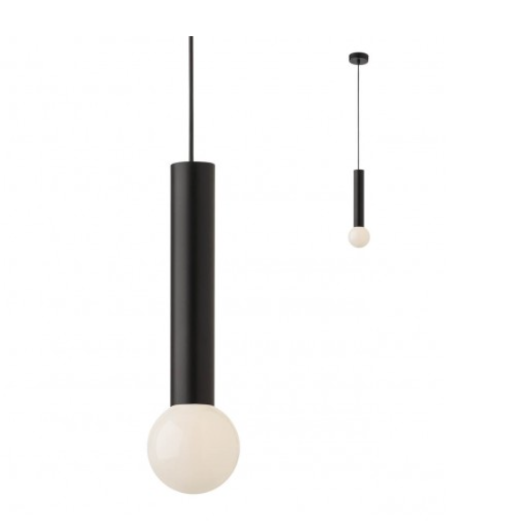 Lustra LED suspendata tub negru mat cu glob opal, vedere frontala si de ansamblu