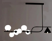 Lustra suspendata moderna cu 6 globuri acril opal si abajur conic, structura metal negru mat, 40W, 1200mm lungime