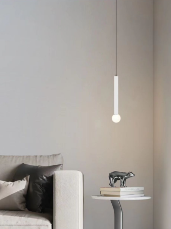 Lustra LED suspendata 4000K in living modern, glob opal difuzor, lumina neutra ambientala