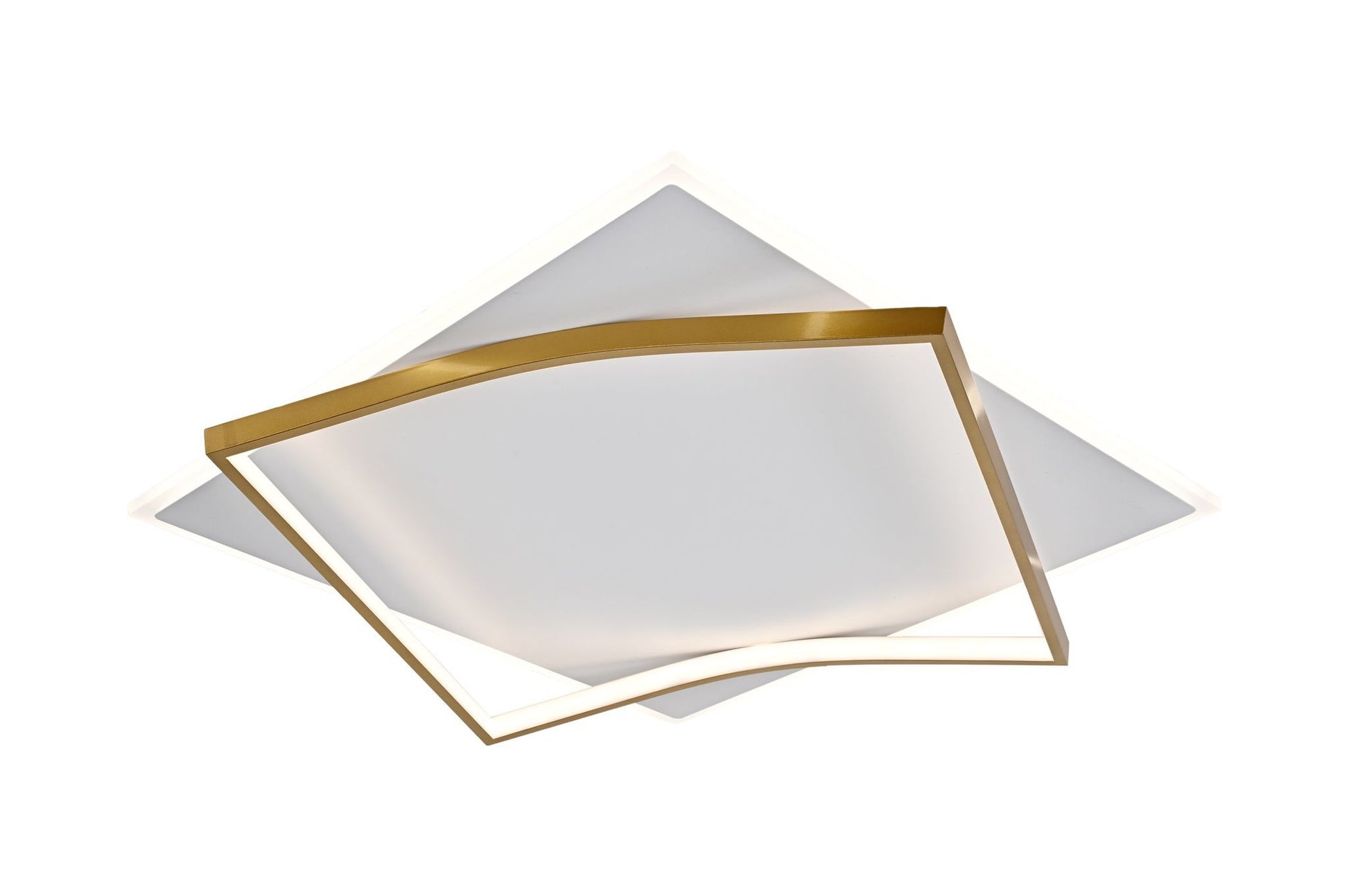 Lustra LED tavan 108W 5200lm, doua panouri patrate suprapuse, rama aurie, design modern