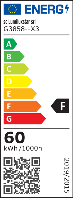 Eticheta energetica clasa F, consum 60 kWh/1000h, plafoniera LED integrat