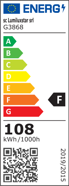 Eticheta energetica clasa F, consum 108 kWh/1000h, pentru lustra LED dimmabila cu telecomanda WiFi