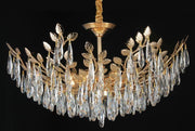 Candelabru cristal auriu cu frunze, diametru 85cm, 8xE14, pandantive fatetate pentru living elegant