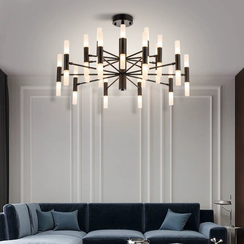 Lustra LED cu 40 surse G4, structura metalica neagra radianta, abajururi cilindrice acril mat, D850mm, living modern