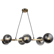 Lustra suspendata liniara cu 6 globuri din sticla fumata, rama aurie, soclu E27, lungime 580 mm, stil mid-century modern