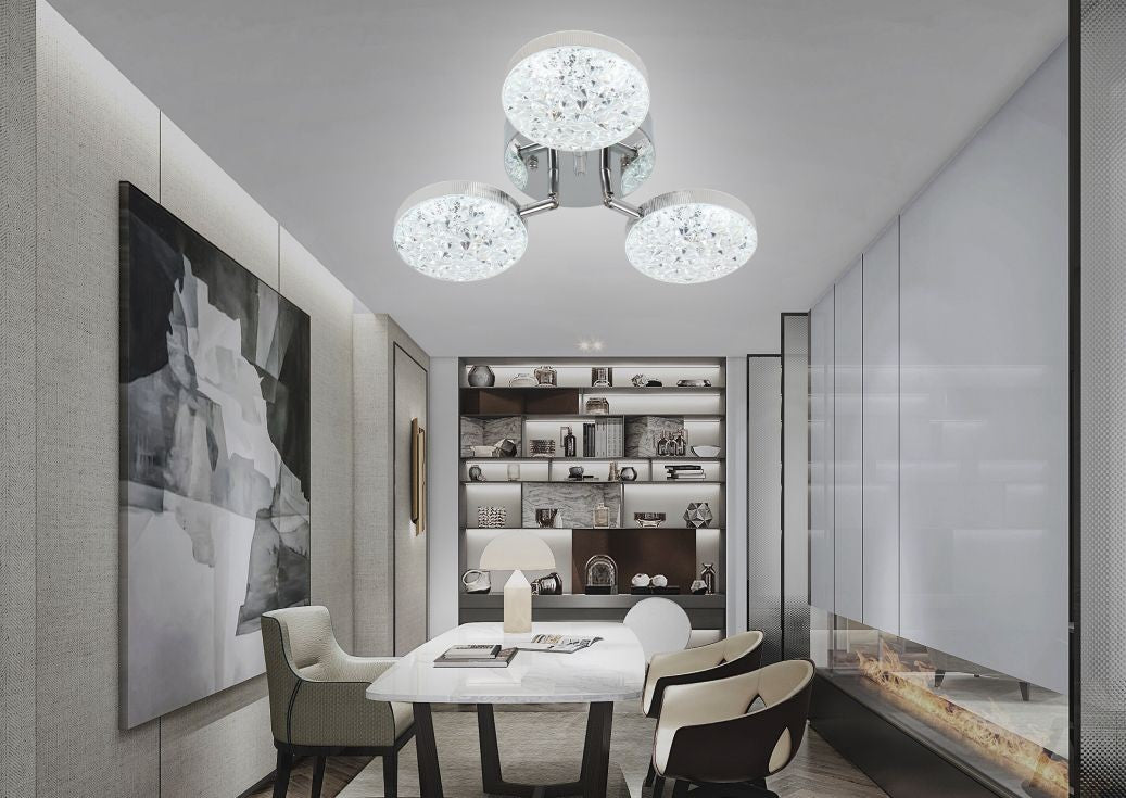 Lustra LED tavan 3 abajururi cristal 64W 3000 lumeni, montaj aplicat, instalata in sufragerie moderna