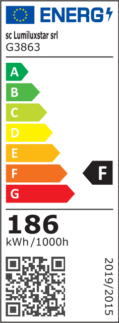 Eticheta energetica clasa F, consum 186 kWh/1000h, lustra LED cu inele