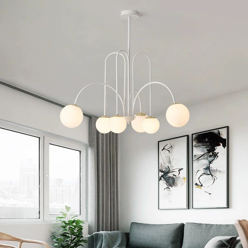 Lustra suspendata cu 6 globuri albe mat, brate arcuite metalice albe, soclu G9, diametru 800mm, pentru living modern